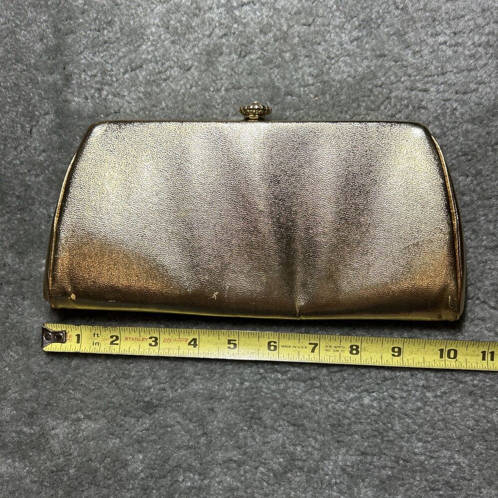 Vintage Gold Metallic Clutch Purse Evening Bag Chain Strap Satin Lined 50’s 60’s - Picture 16 of 16